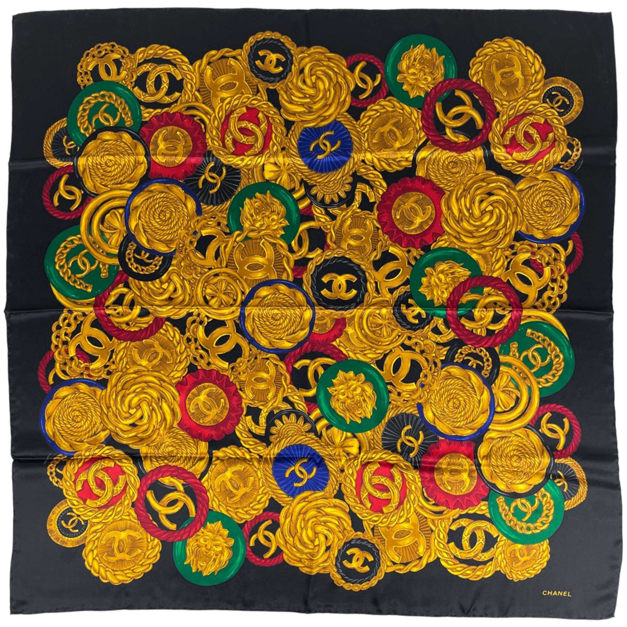Chanel Coco Mark Scarf Muffler Camellia Accessory Silk Black Multicolor Women's